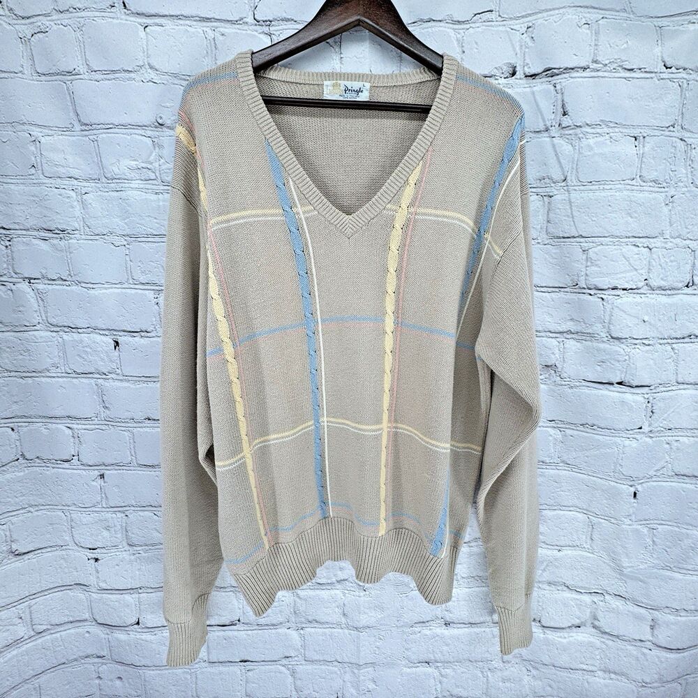 VTG Pringle Scotland Sweater Men's L Beige w/ Blue & Yellow V-Neck Cotton READ